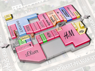 3D Visualisierung des Lageplans des Ertl-Einkaufszentrums in Bamberg.