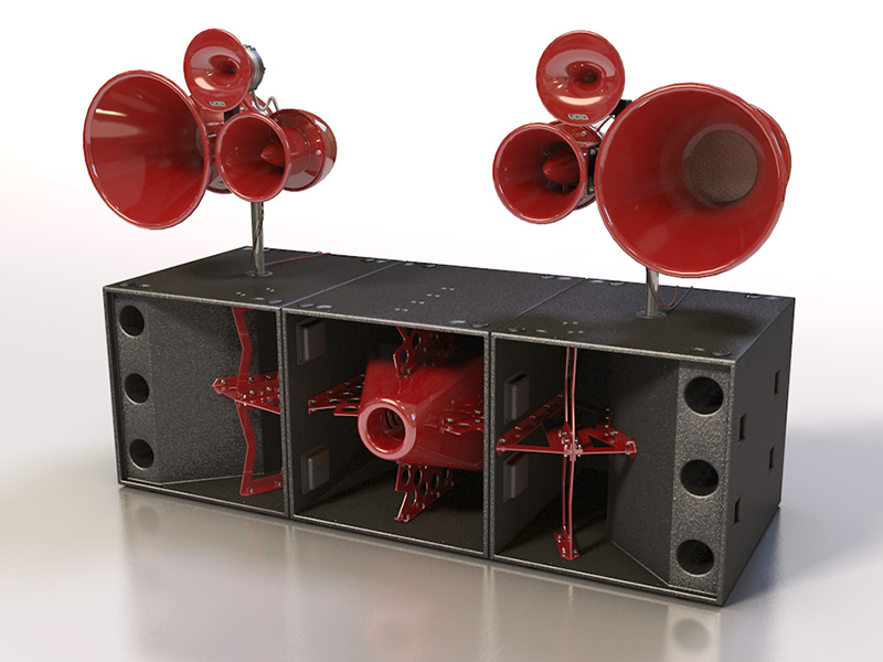 3D Visualisierungen eines Void Acoustics Soundsystems bestehend aus dem Nexus XL, dem Nexus Q und dem Air Motion.