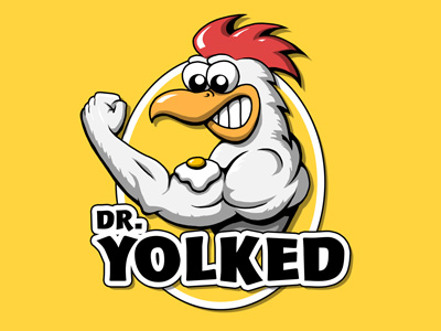 Dr. Yolked, Cartoon Hahn, Logo- & Maskottchenentwurf.